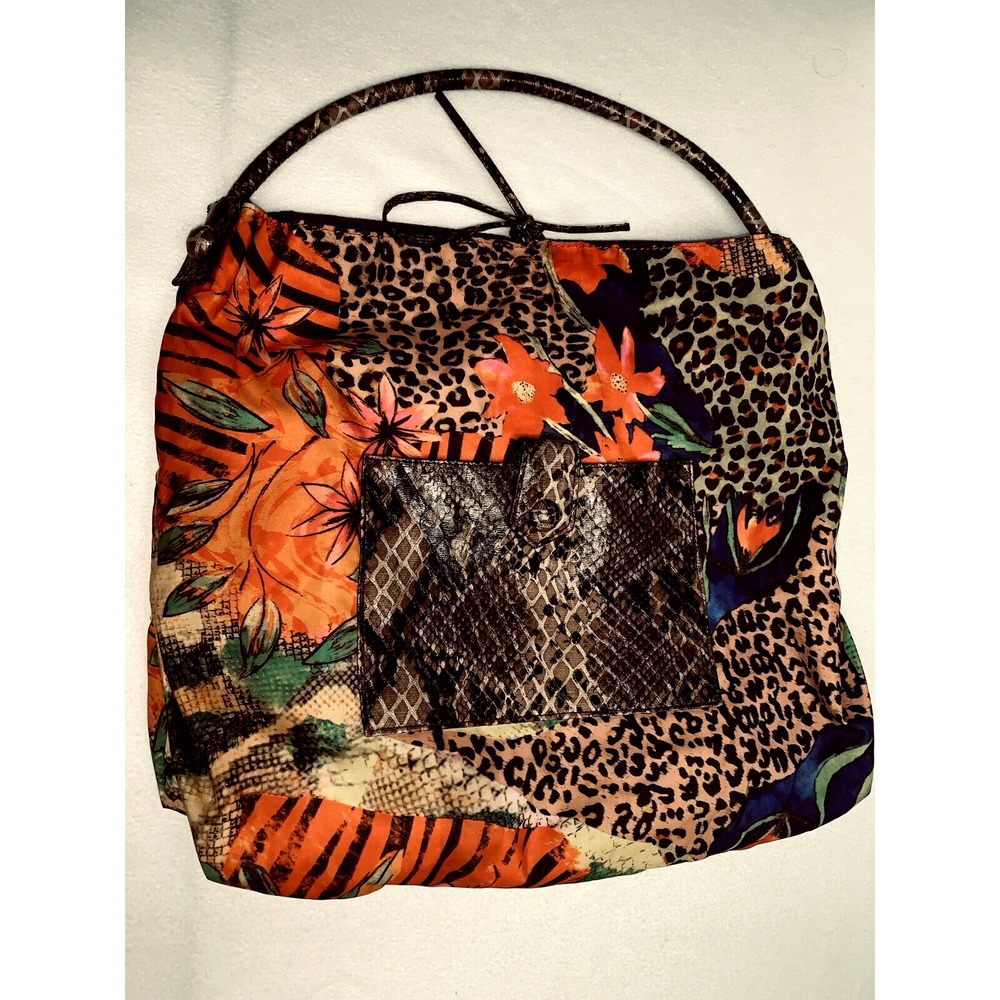 Carlos Falchi Leopard & Floral Mixed-Print Shoulder Bag with Snakeskin Pocket